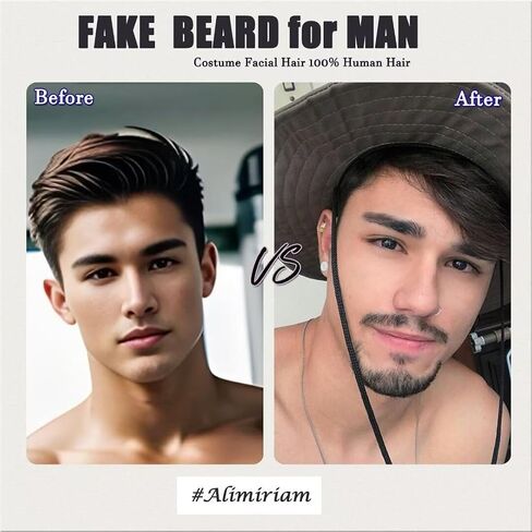 Fake Beard Realistic Beard 100% Human Hair Fake Face Beard Realistic Full Hand Tied Costume Facial Hair for Man、Adults Lace Invisible Fake Mustache for Halloween Drama Party Movie Makeup(Black) in Saudi Arabia