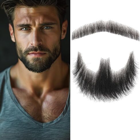 Fake Beard Realistic Beard 100% Human Hair Fake Face Beard Realistic Full Hand Tied Costume Facial Hair for Man、Adults Lace Invisible Fake Mustache for Halloween Drama Party Movie Makeup(Black) in Saudi Arabia