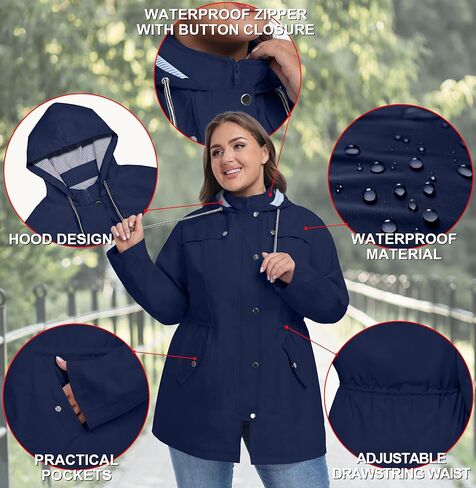 FOREYOND Plus Size Rain Jackets for Women with Hood Long Waterproof Windbreaker Outdoor Travel Trench Coats with Pockets in Saudi Arabia