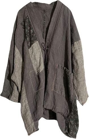 NFYM Fall Women Linen Trench Coat Lighweight Open Front Cardigan Patchwork Vintage Loose Windbreaker in Kuwait