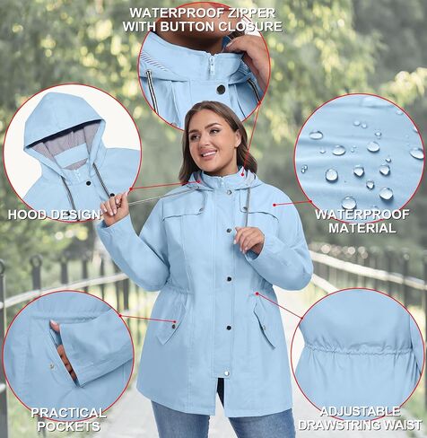 FOREYOND Plus Size Rain Jackets for Women with Hood Long Waterproof Windbreaker Outdoor Travel Trench Coats with Pockets in Saudi Arabia