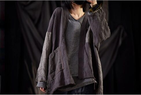 NFYM Fall Women Linen Trench Coat Lighweight Open Front Cardigan Patchwork Vintage Loose Windbreaker in Kuwait