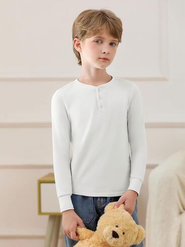 Haloumoning Boys Long Sleeve Shirts Button Up Henley Shirt Casual Winter Thermal Underwear Tops 4-14 Years in Saudi Arabia