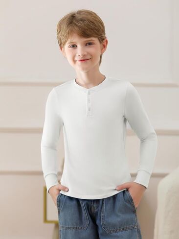 Haloumoning Boys Long Sleeve Shirts Button Up Henley Shirt Casual Winter Thermal Underwear Tops 4-14 Years in Saudi Arabia