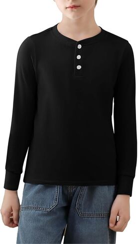 Haloumoning Boys Long Sleeve Shirts Button Up Henley Shirt Casual Winter Thermal Underwear Tops 4-14 Years in Saudi Arabia