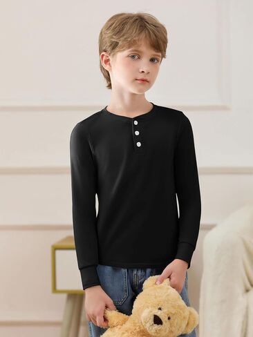 Haloumoning Boys Long Sleeve Shirts Button Up Henley Shirt Casual Winter Thermal Underwear Tops 4-14 Years in Saudi Arabia