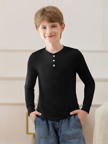 Haloumoning Boys Long Sleeve Shirts Button Up Henley Shirt Casual Winter Thermal Underwear Tops 4-14 Years in Saudi Arabia