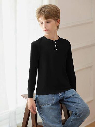 Haloumoning Boys Long Sleeve Shirts Button Up Henley Shirt Casual Winter Thermal Underwear Tops 4-14 Years in Saudi Arabia