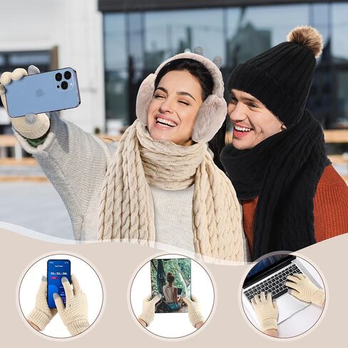 Suhine 8 قطعة قفازات قبعة الشتاء طقم أربطة عنق للنساء قبعة Pompom قبعة قفازات شاشة لمس غطاء للأذنين الشتاء وشاح محبوك للنساء in Kuwait