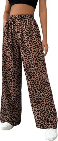 OYOANGLE Women's Leopard Print Elastic High Waist Long Pants Wide Leg Loose Trousers with Pockets in Kuwait