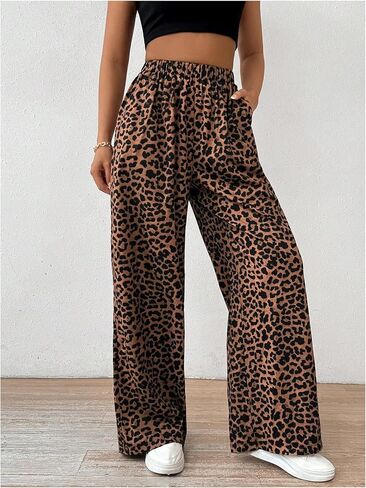 OYOANGLE Women's Leopard Print Elastic High Waist Long Pants Wide Leg Loose Trousers with Pockets in Kuwait