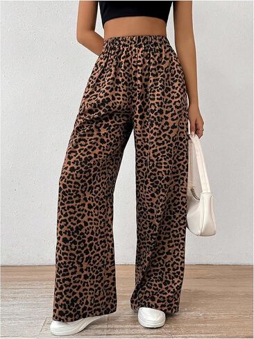 OYOANGLE Women's Leopard Print Elastic High Waist Long Pants Wide Leg Loose Trousers with Pockets in Kuwait