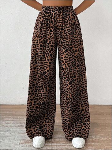 OYOANGLE Women's Leopard Print Elastic High Waist Long Pants Wide Leg Loose Trousers with Pockets in Kuwait