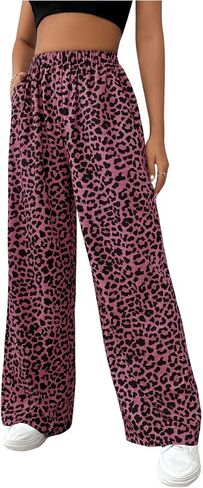 OYOANGLE Women's Leopard Print Elastic High Waist Long Pants Wide Leg Loose Trousers with Pockets in Kuwait