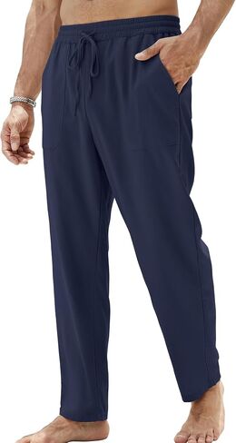 Mens Linen Pants Lightweight Drawstring Elastic Waist Casual Fitting Trousers in Saudi Arabia