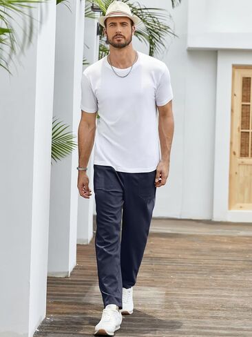Mens Linen Pants Lightweight Drawstring Elastic Waist Casual Fitting Trousers in Saudi Arabia