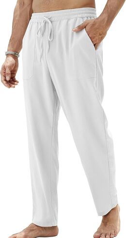 Mens Linen Pants Lightweight Drawstring Elastic Waist Casual Fitting Trousers in Saudi Arabia