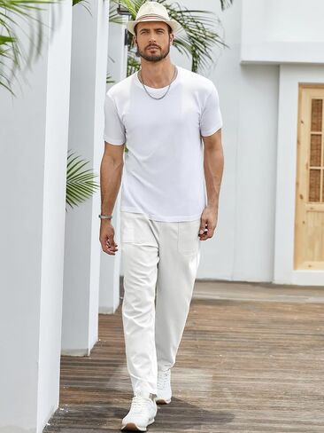 Mens Linen Pants Lightweight Drawstring Elastic Waist Casual Fitting Trousers in Saudi Arabia