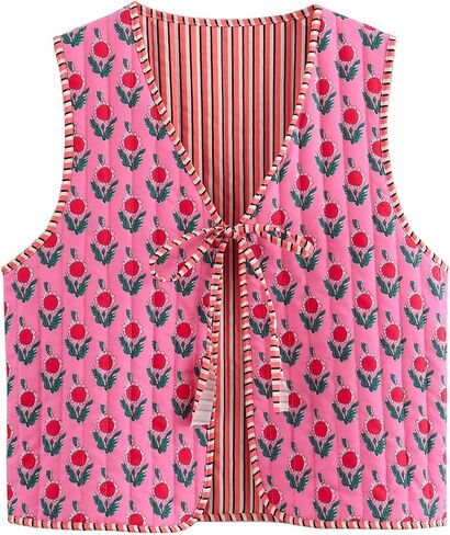 Women's Y2K Sleeveless Floral Quilted Puffer Vest Open Front Tie Cropped V-Neck Outwear Vest Lightweight Two-Sided Wearable in Saudi Arabia
