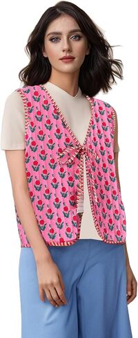 Women's Y2K Sleeveless Floral Quilted Puffer Vest Open Front Tie Cropped V-Neck Outwear Vest Lightweight Two-Sided Wearable in Saudi Arabia