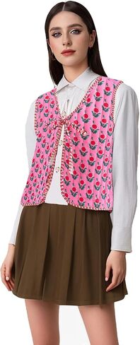 Women's Y2K Sleeveless Floral Quilted Puffer Vest Open Front Tie Cropped V-Neck Outwear Vest Lightweight Two-Sided Wearable in Saudi Arabia