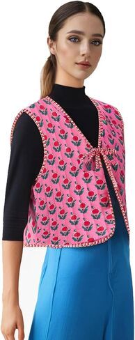Women's Y2K Sleeveless Floral Quilted Puffer Vest Open Front Tie Cropped V-Neck Outwear Vest Lightweight Two-Sided Wearable in Saudi Arabia