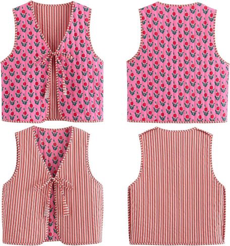 Women's Y2K Sleeveless Floral Quilted Puffer Vest Open Front Tie Cropped V-Neck Outwear Vest Lightweight Two-Sided Wearable in Saudi Arabia
