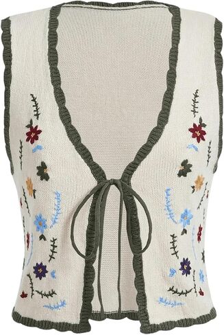 GORGLITTER Women's Floral Embroidery Tie Front Sweater Vest Contrast Scallop Trim Knit Tops in Saudi Arabia