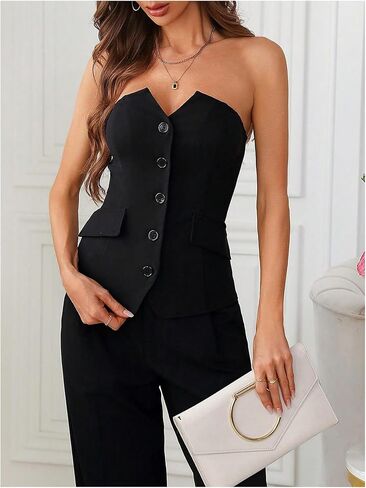 SHENHE Women's Strapless Vest Top Button Front Business Casual Waistcoat Suit Vest Tops in Saudi Arabia