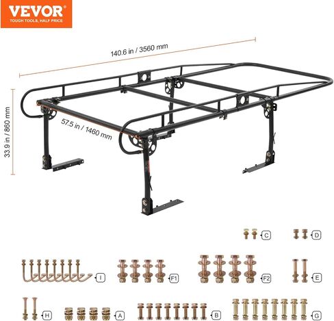 VEVOR Truck Ladder Rack, 1000 LBS / 454 KG Strong Capacity Truck Racks, Non-Drilling/Drilling Installation for Long or Heavy Cargo, 43.3-63 inch Adjustable Width for Kayak, Ladder, Surfboard, Lumber in Saudi Arabia