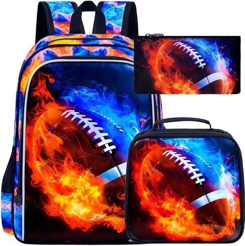 UFNDC 3PCS Kids Rugby Backpack, Boys Lightning Bookbag with Lunch Box, 17" Water Resistant School Bag for Teenagers Elementary Middle in Kuwait