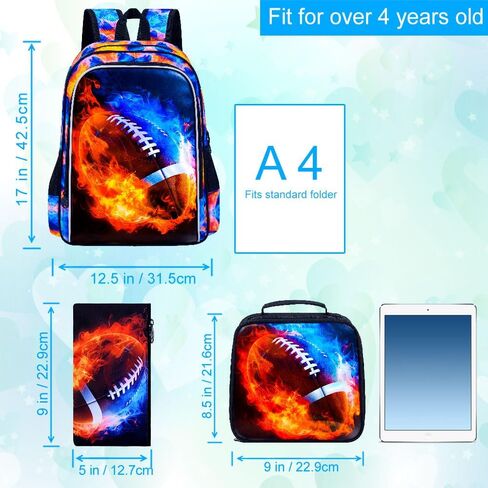 UFNDC 3PCS Kids Rugby Backpack, Boys Lightning Bookbag with Lunch Box, 17" Water Resistant School Bag for Teenagers Elementary Middle in Kuwait