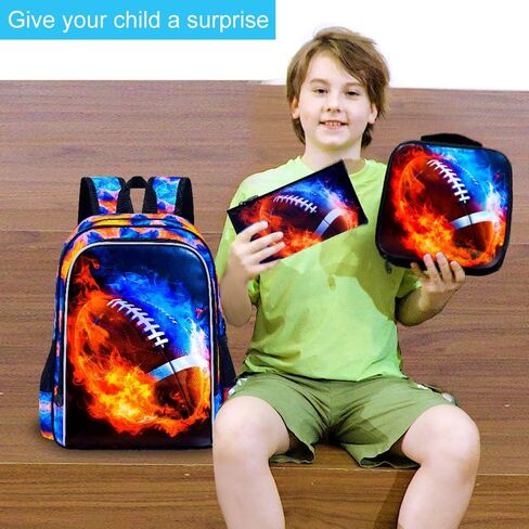 UFNDC 3PCS Kids Rugby Backpack, Boys Lightning Bookbag with Lunch Box, 17" Water Resistant School Bag for Teenagers Elementary Middle in Kuwait