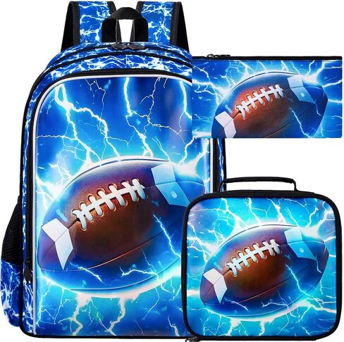 UFNDC 3PCS Kids Rugby Backpack, Boys Lightning Bookbag with Lunch Box, 17" Water Resistant School Bag for Teenagers Elementary Middle in Kuwait