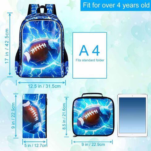 UFNDC 3PCS Kids Rugby Backpack, Boys Lightning Bookbag with Lunch Box, 17" Water Resistant School Bag for Teenagers Elementary Middle in Kuwait
