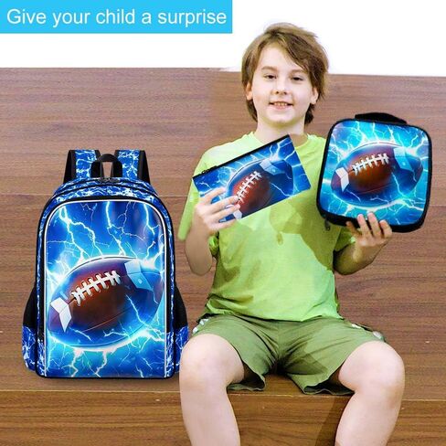 UFNDC 3PCS Kids Rugby Backpack, Boys Lightning Bookbag with Lunch Box, 17" Water Resistant School Bag for Teenagers Elementary Middle in Kuwait