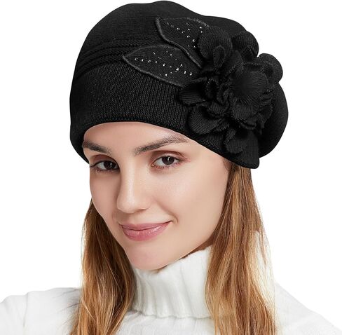 Flower Women Beret, Double Layer Thickened Winter Knitted Beanie Beret Hat, Stylish French Dress Beret Hats for Women in Kuwait