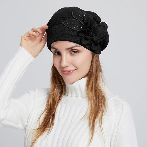 Flower Women Beret, Double Layer Thickened Winter Knitted Beanie Beret Hat, Stylish French Dress Beret Hats for Women in Kuwait
