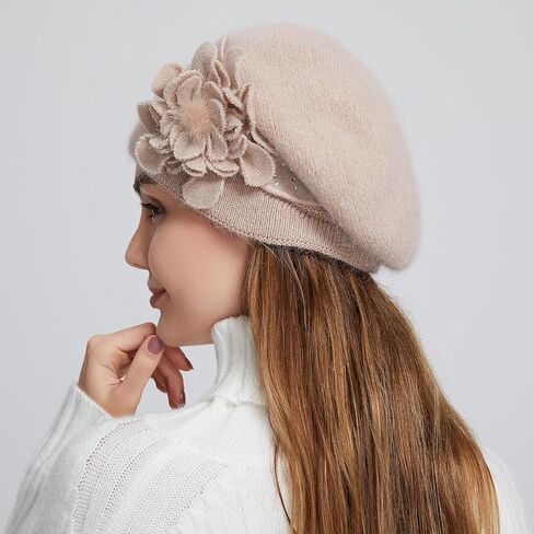 Flower Women Beret, Double Layer Thickened Winter Knitted Beanie Beret Hat, Stylish French Dress Beret Hats for Women in Kuwait
