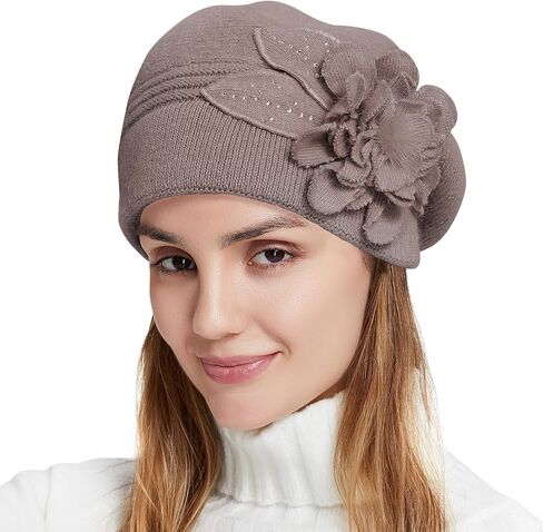Flower Women Beret, Double Layer Thickened Winter Knitted Beanie Beret Hat, Stylish French Dress Beret Hats for Women in Kuwait
