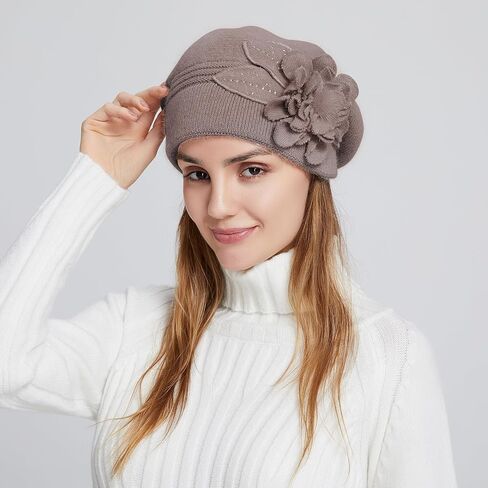 Flower Women Beret, Double Layer Thickened Winter Knitted Beanie Beret Hat, Stylish French Dress Beret Hats for Women in Kuwait