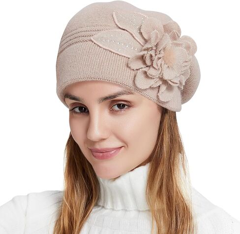 Flower Women Beret, Double Layer Thickened Winter Knitted Beanie Beret Hat, Stylish French Dress Beret Hats for Women in Kuwait