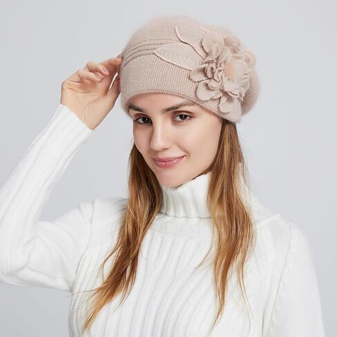 Flower Women Beret, Double Layer Thickened Winter Knitted Beanie Beret Hat, Stylish French Dress Beret Hats for Women in Kuwait