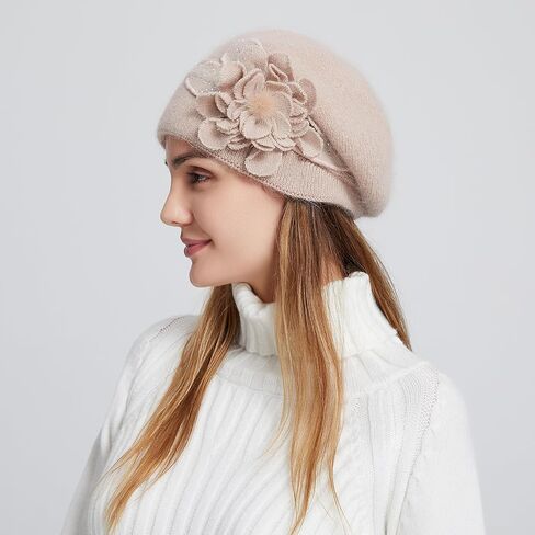 Flower Women Beret, Double Layer Thickened Winter Knitted Beanie Beret Hat, Stylish French Dress Beret Hats for Women in Kuwait