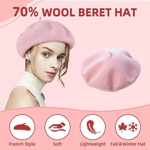 French Beret Hat Wool Blend Artist Beret Hat, Solid Color Classic Beret Cap for Women Girls in Saudi Arabia