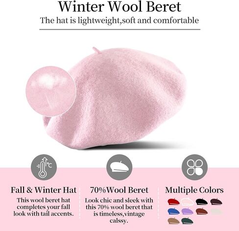 French Beret Hat Wool Blend Artist Beret Hat, Solid Color Classic Beret Cap for Women Girls in Saudi Arabia