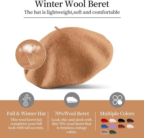 French Beret Hat Wool Blend Artist Beret Hat, Solid Color Classic Beret Cap for Women Girls in Saudi Arabia