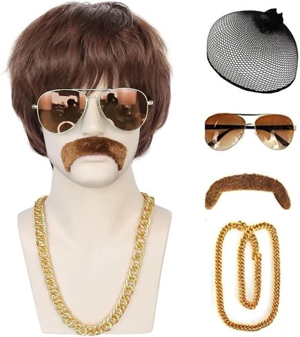 JoneTing 5Pcs Mens Afro Wig 【+Wig Cap +Glasses +Mustache +Necklace】 Disco Wig for Men 70s Mens Wig 70s Wigs for Men 1970s Mens Disco Wig Curly Wig for Men Brown Synthetic Wig for Halloween Party in Kuwait