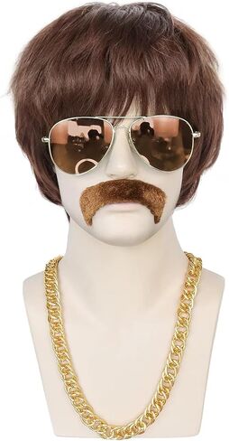 JoneTing 5Pcs Mens Afro Wig 【+Wig Cap +Glasses +Mustache +Necklace】 Disco Wig for Men 70s Mens Wig 70s Wigs for Men 1970s Mens Disco Wig Curly Wig for Men Brown Synthetic Wig for Halloween Party in Kuwait