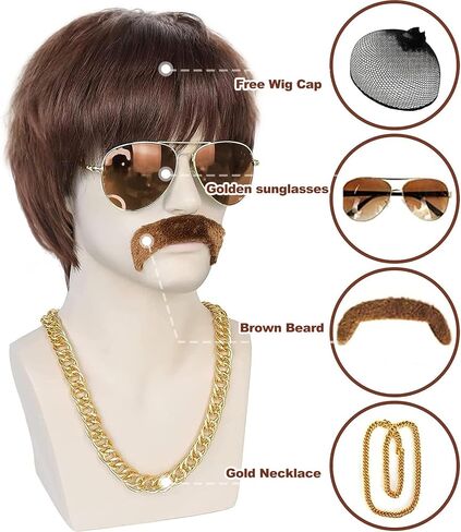 JoneTing 5Pcs Mens Afro Wig 【+Wig Cap +Glasses +Mustache +Necklace】 Disco Wig for Men 70s Mens Wig 70s Wigs for Men 1970s Mens Disco Wig Curly Wig for Men Brown Synthetic Wig for Halloween Party in Kuwait